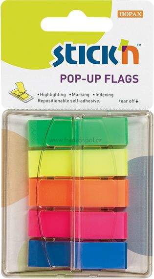 Samolepicí plastové záložky Stick'n by Hopax Pop-Up, 45 x 12 mm, 5 x 40 lístků, neonový mix