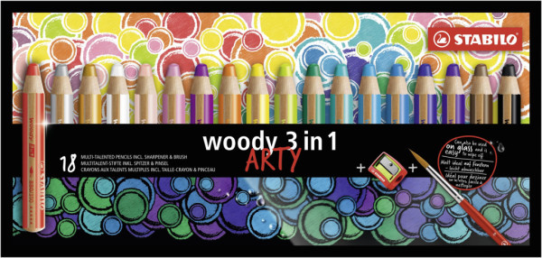 Pastelky STABILO Woody 3v1, 18 sada ARTY s ořezávátkem a štětcem